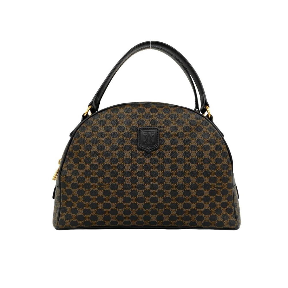 CELINE Vintage Macadam Blazon Pattern Leather Handbag Boston Bag Black Brown ...